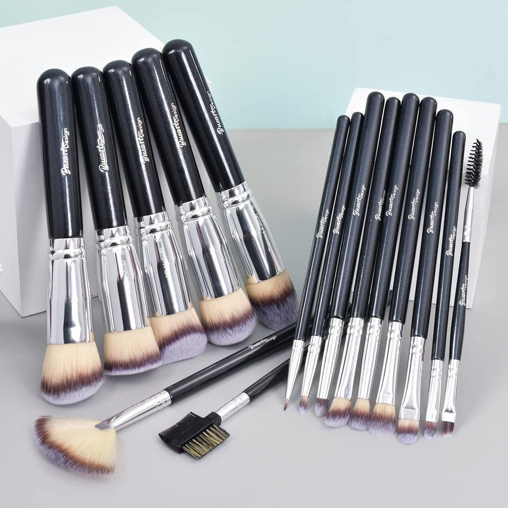 16Pcs Ultra Soft Essential Makeup Brushes Set Professional Makeup Brush Set with Premium Vegan Hair for Foundation Concealer Eyeshadow Face Contour Blush (16Pcs Pearl Black) - GlowHaze Beauty
