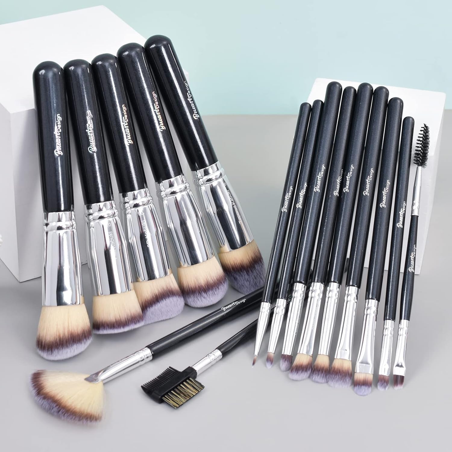 16Pcs Ultra Soft Essential Makeup Brushes Set Professional Makeup Brush Set with Premium Vegan Hair for Foundation Concealer Eyeshadow Face Contour Blush (16Pcs Pearl Black) - GlowHaze Beauty