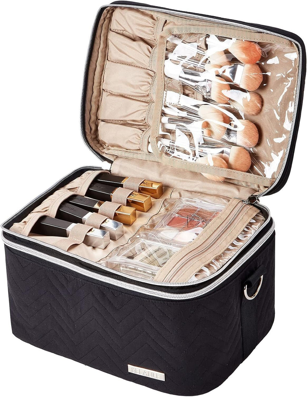 Double Layer Makeup Bag for Travel, Portable Cosmetic Organizer for Brushes Sets, Large Toiletry Holder with Straps, Black - GlowHaze Beauty