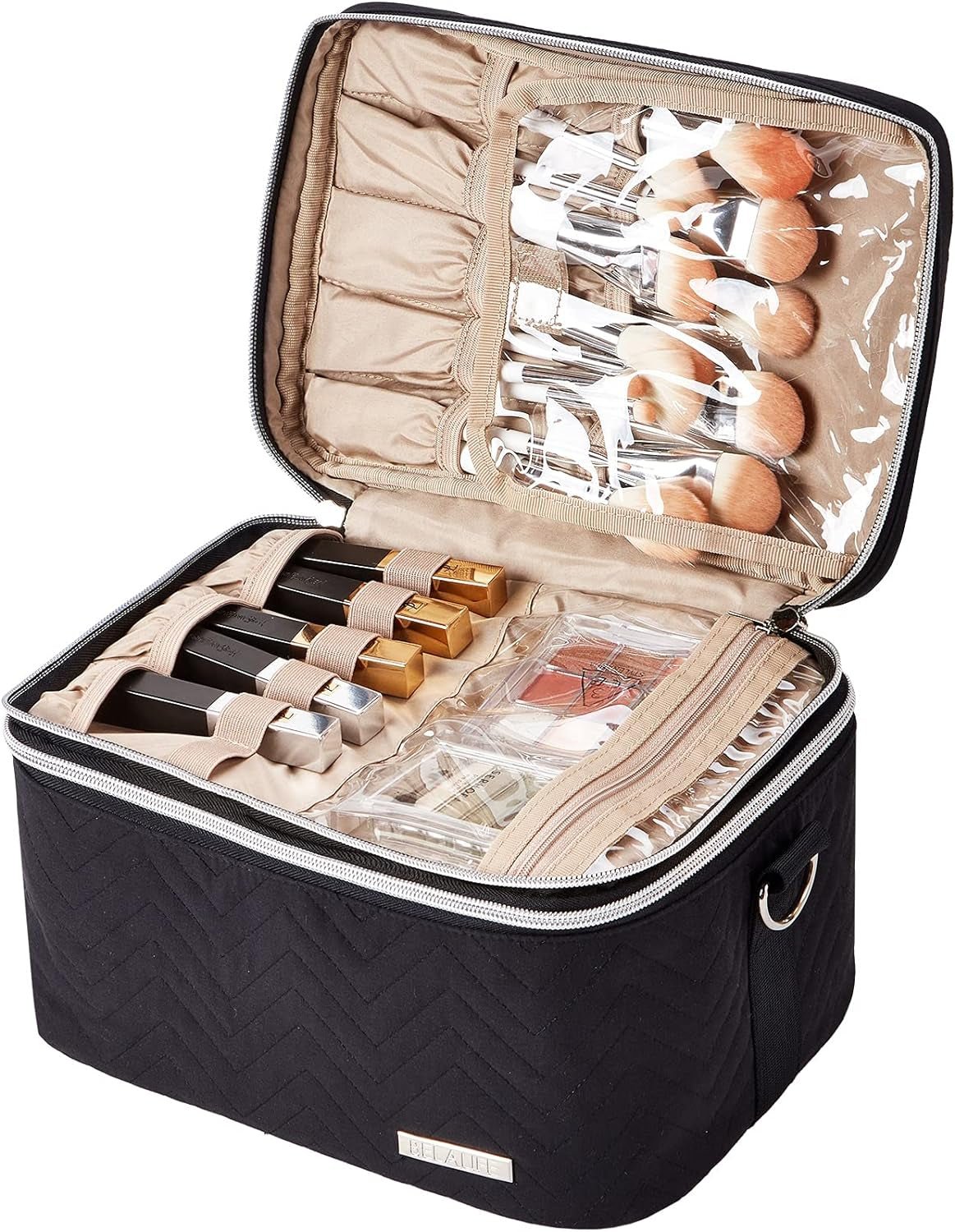 Double Layer Makeup Bag for Travel, Portable Cosmetic Organizer for Brushes Sets, Large Toiletry Holder with Straps, Black - GlowHaze Beauty