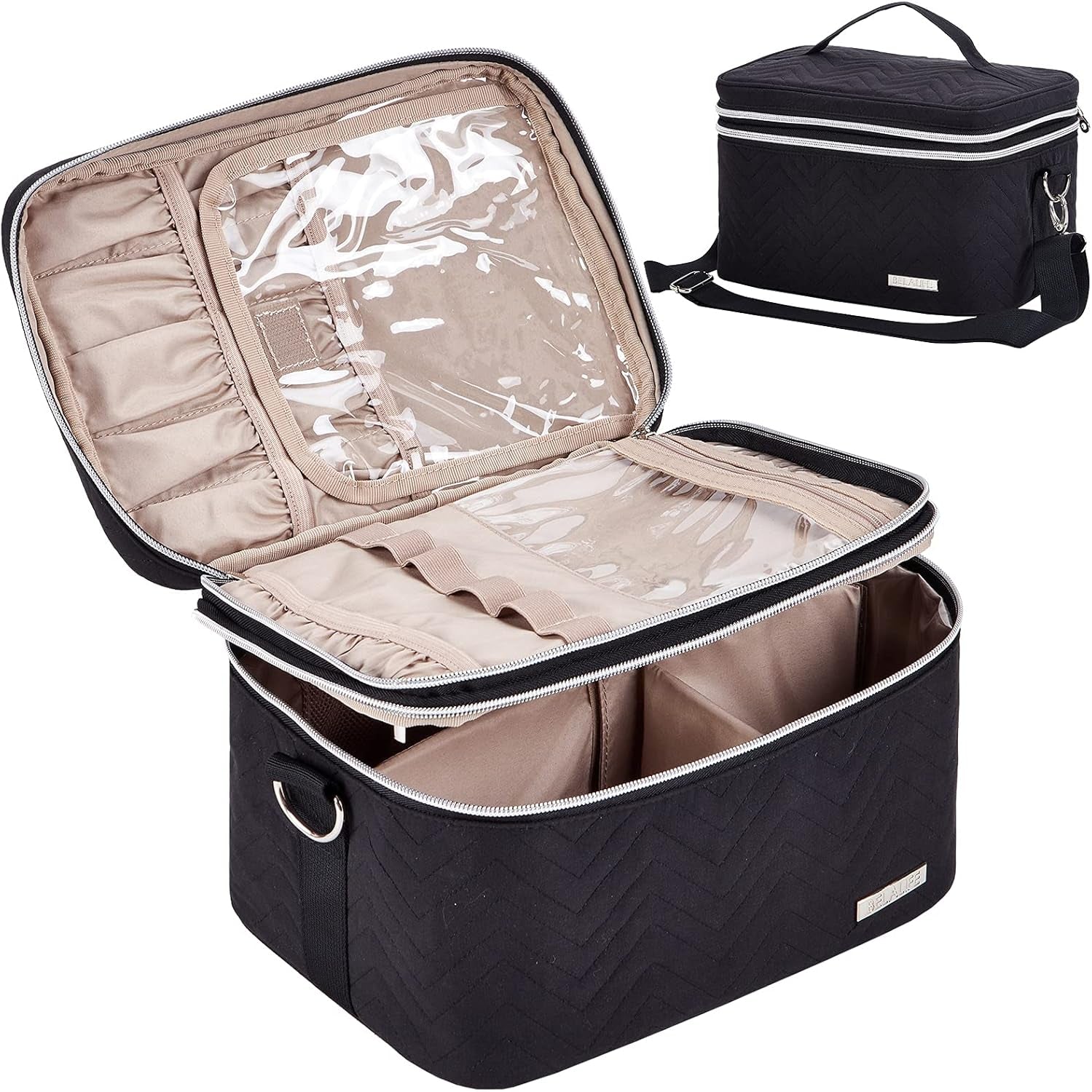 Double Layer Makeup Bag for Travel, Portable Cosmetic Organizer for Brushes Sets, Large Toiletry Holder with Straps, Black - GlowHaze Beauty