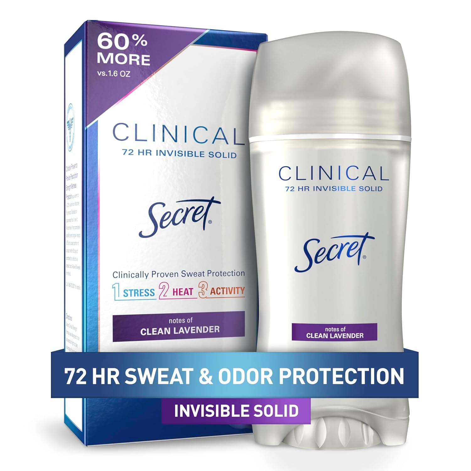 Clinical Strength Antiperspirant Deodorant for Women, 3X Stress Protection, 72Hr Sweat & Odor Protection, PH Balancing Minerals, Invisible Solid, Clean Lavender Scent, 2.6 Oz - GlowHaze Beauty