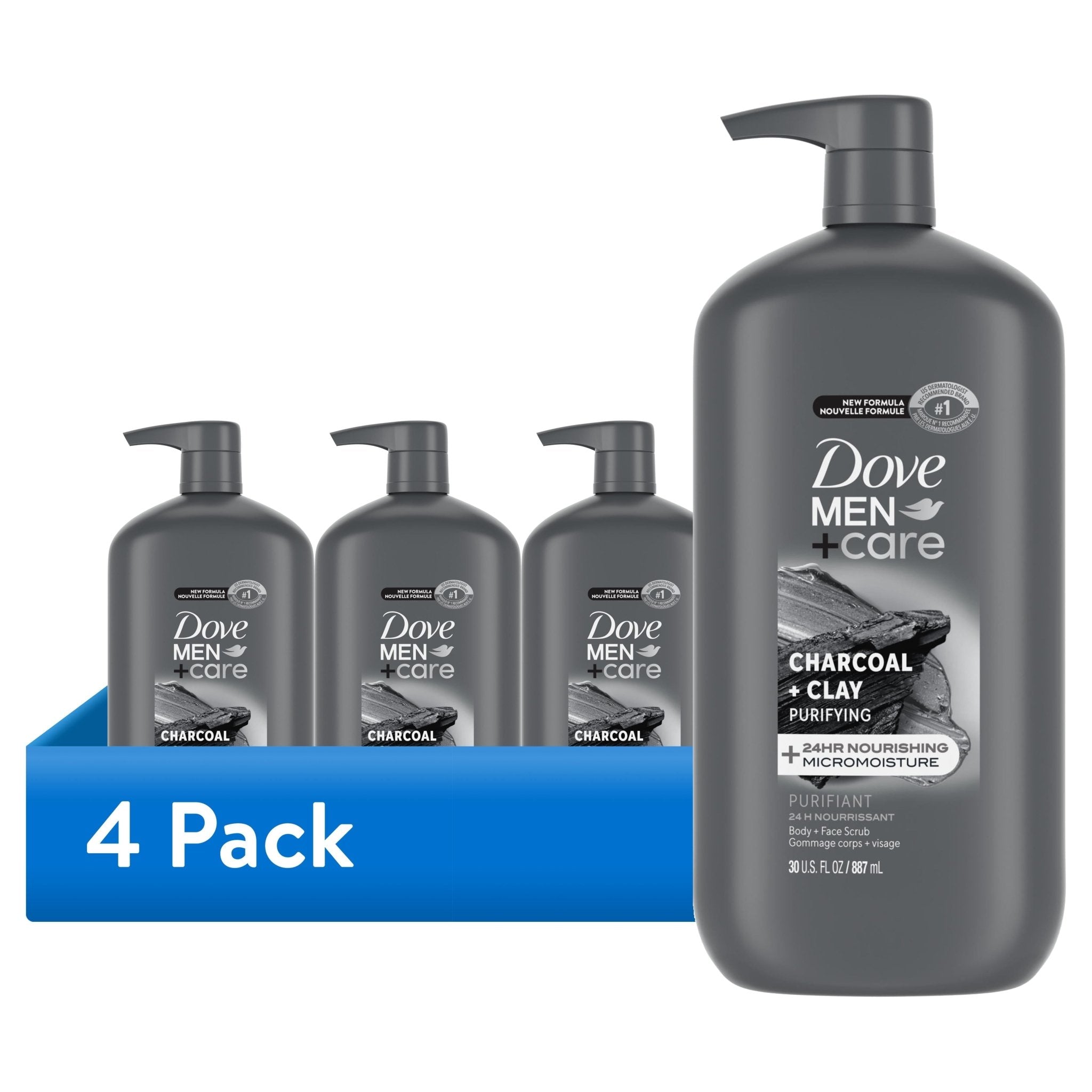 (4 Pack) Purifying Hydrating Face & Body Wash for Men Charcoal & Clay, 30 Oz - GlowHaze Beauty