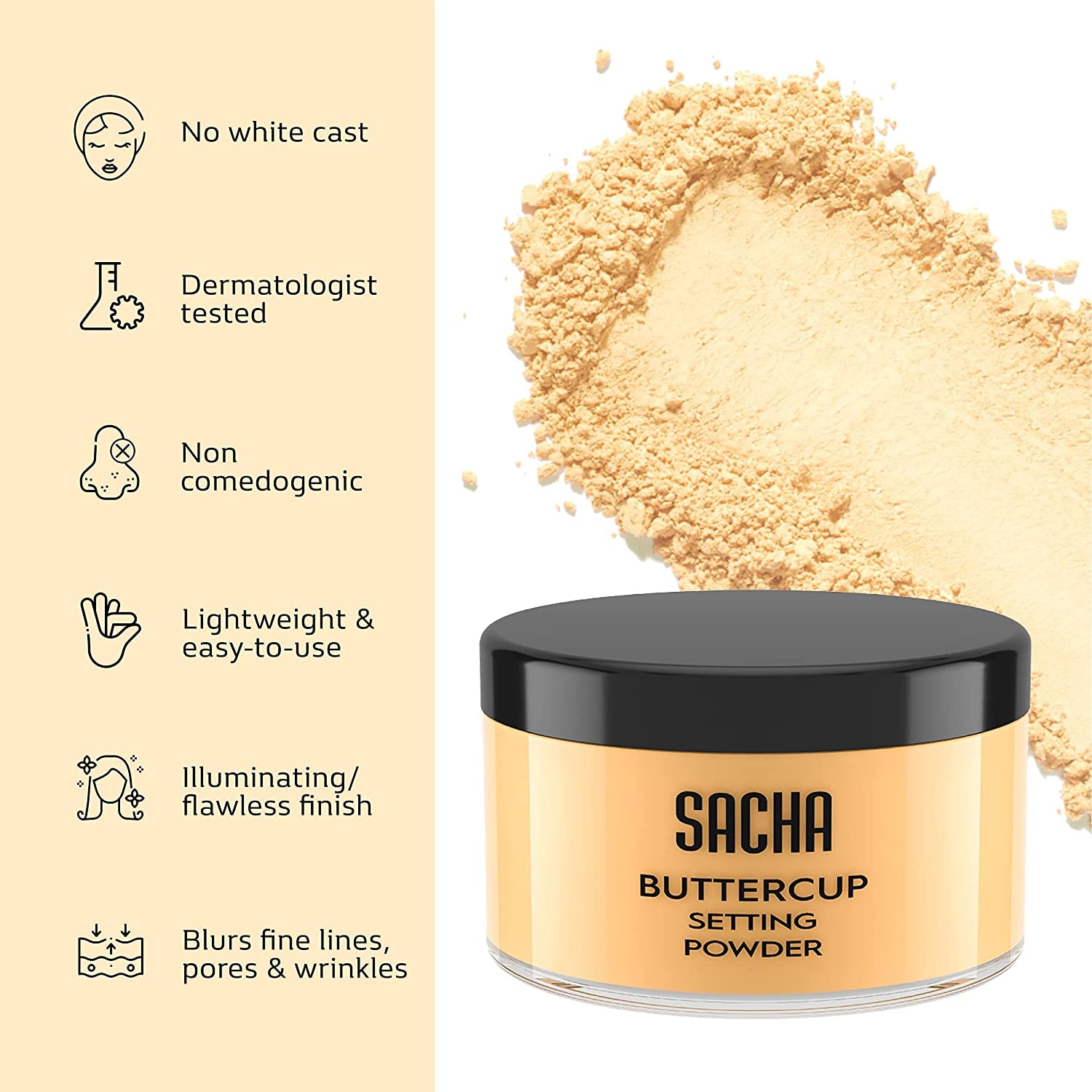 Sacha BUTTERCUP Setting Powder. No Ashy Flashback. Blurs Fine Lines and Pores. Loose, Translucent Face Powder to Set Makeup Foundation or Concealer. for Medium to Dark Skin Tones, 1.75 Oz. - GlowHaze Beauty