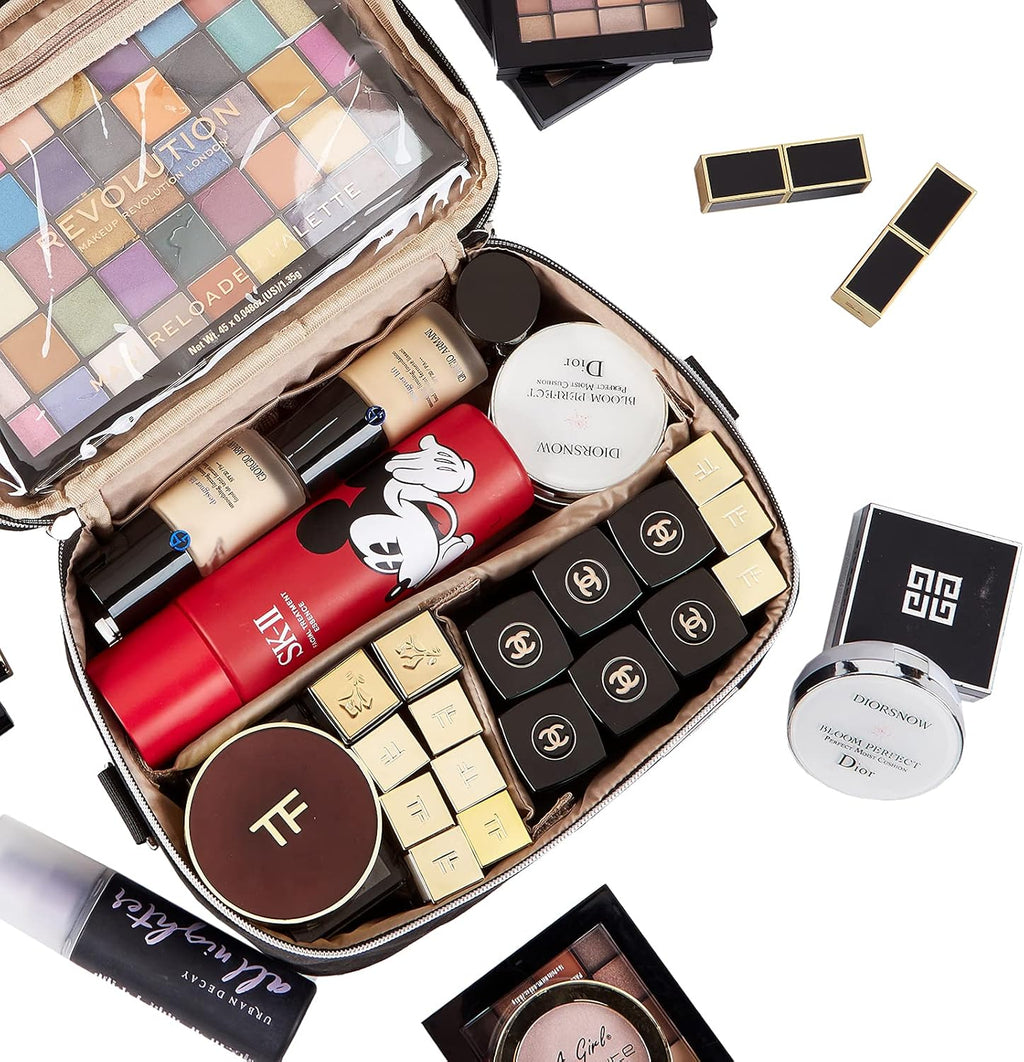 Double Layer Makeup Bag for Travel, Portable Cosmetic Organizer for Brushes Sets, Large Toiletry Holder with Straps, Black - GlowHaze Beauty