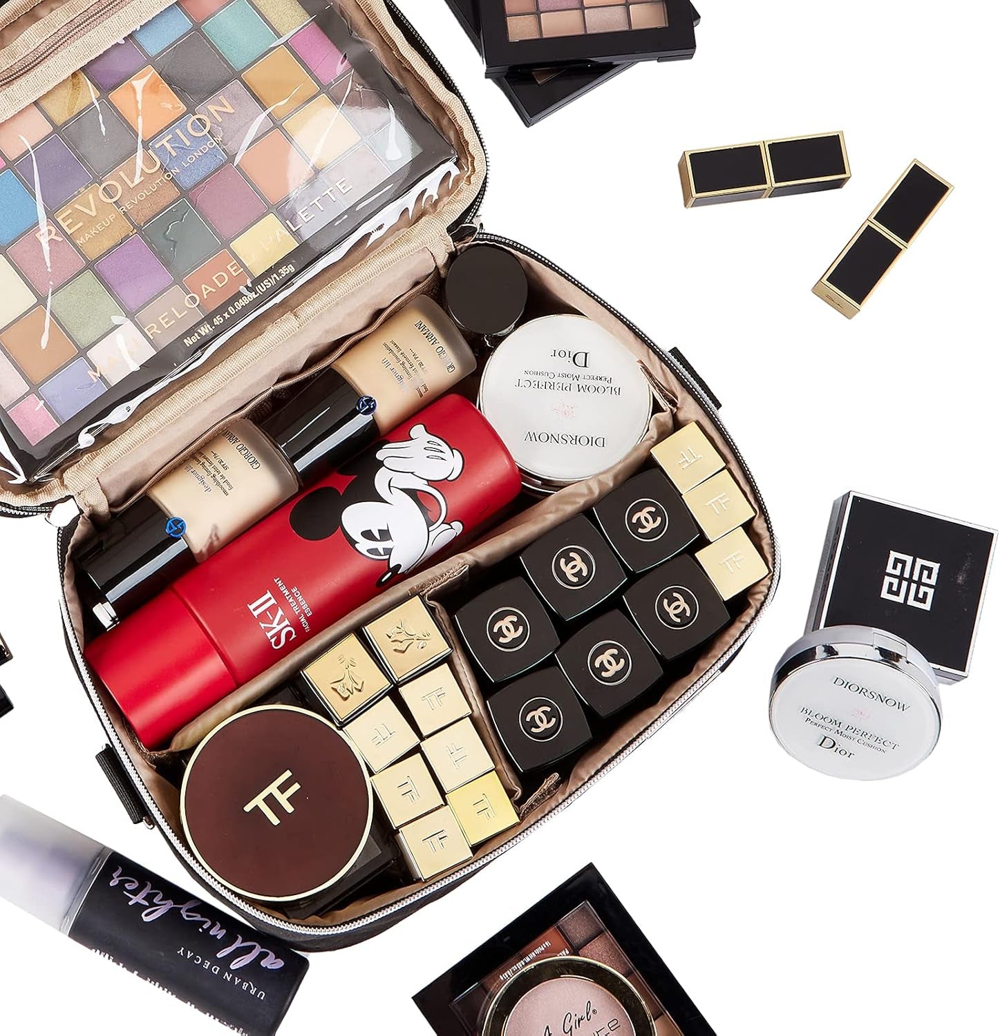 Double Layer Makeup Bag for Travel, Portable Cosmetic Organizer for Brushes Sets, Large Toiletry Holder with Straps, Black - GlowHaze Beauty