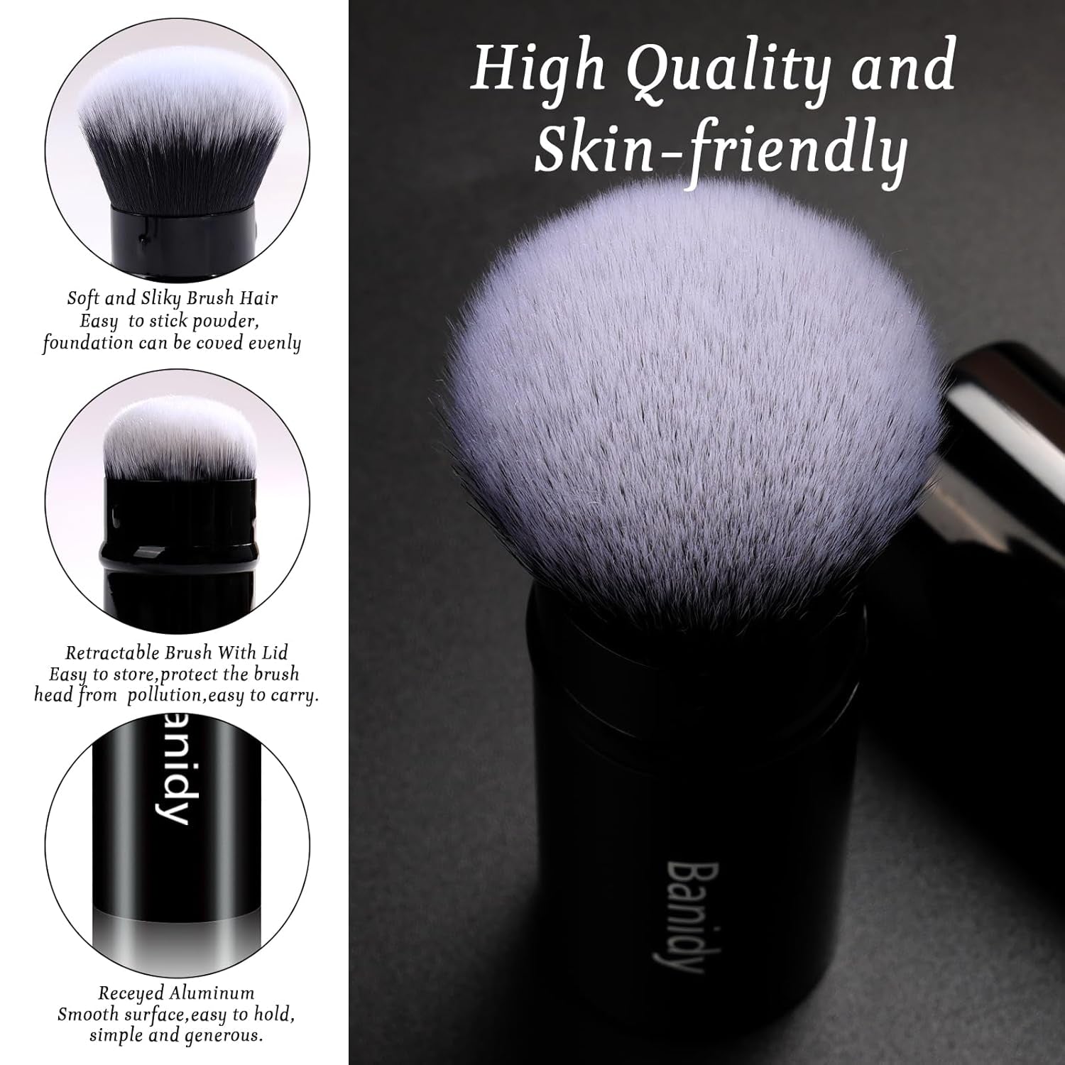 Makeup Brush Kabuki Face Brushes Retractable Travel Blush Brush Portable Flawless for Foundation, Powder Blush, Bronzer, Buffing, Liquid, Cream, Cruelty Free with Cover(Round - Head) - GlowHaze Beauty