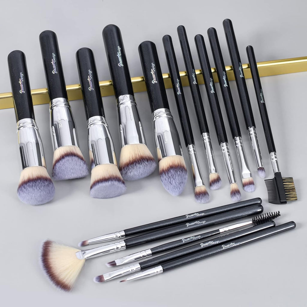 16Pcs Ultra Soft Essential Makeup Brushes Set Professional Makeup Brush Set with Premium Vegan Hair for Foundation Concealer Eyeshadow Face Contour Blush (16Pcs Pearl Black) - GlowHaze Beauty