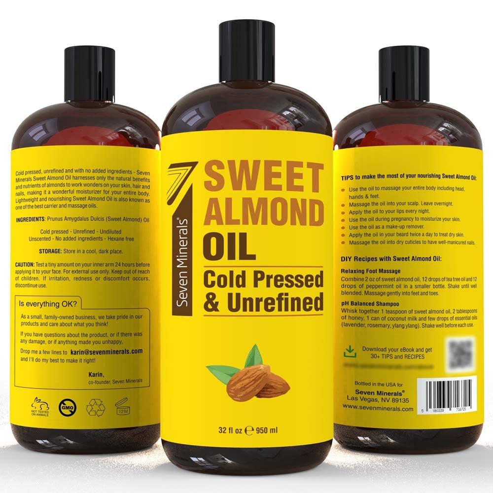 , Pure Cold Pressed Sweet Almond Oil - Big 32 Fl Oz Bottle - Unrefined &100% Natural - for Skin & Hair, with No Added Ingredients - Perfect Carrier Oil for Essential Oils - GlowHaze Beauty