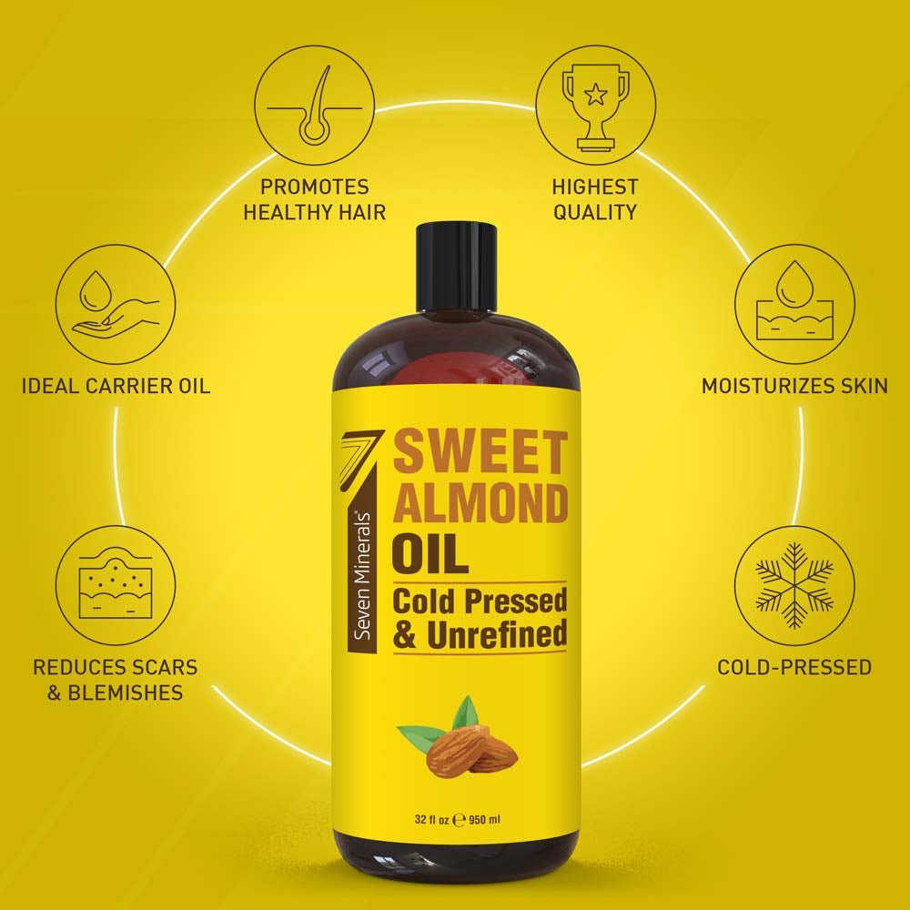 , Pure Cold Pressed Sweet Almond Oil - Big 32 Fl Oz Bottle - Unrefined &100% Natural - for Skin & Hair, with No Added Ingredients - Perfect Carrier Oil for Essential Oils - GlowHaze Beauty
