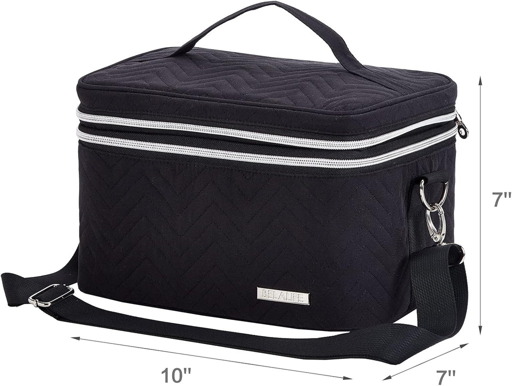 Double Layer Makeup Bag for Travel, Portable Cosmetic Organizer for Brushes Sets, Large Toiletry Holder with Straps, Black - GlowHaze Beauty