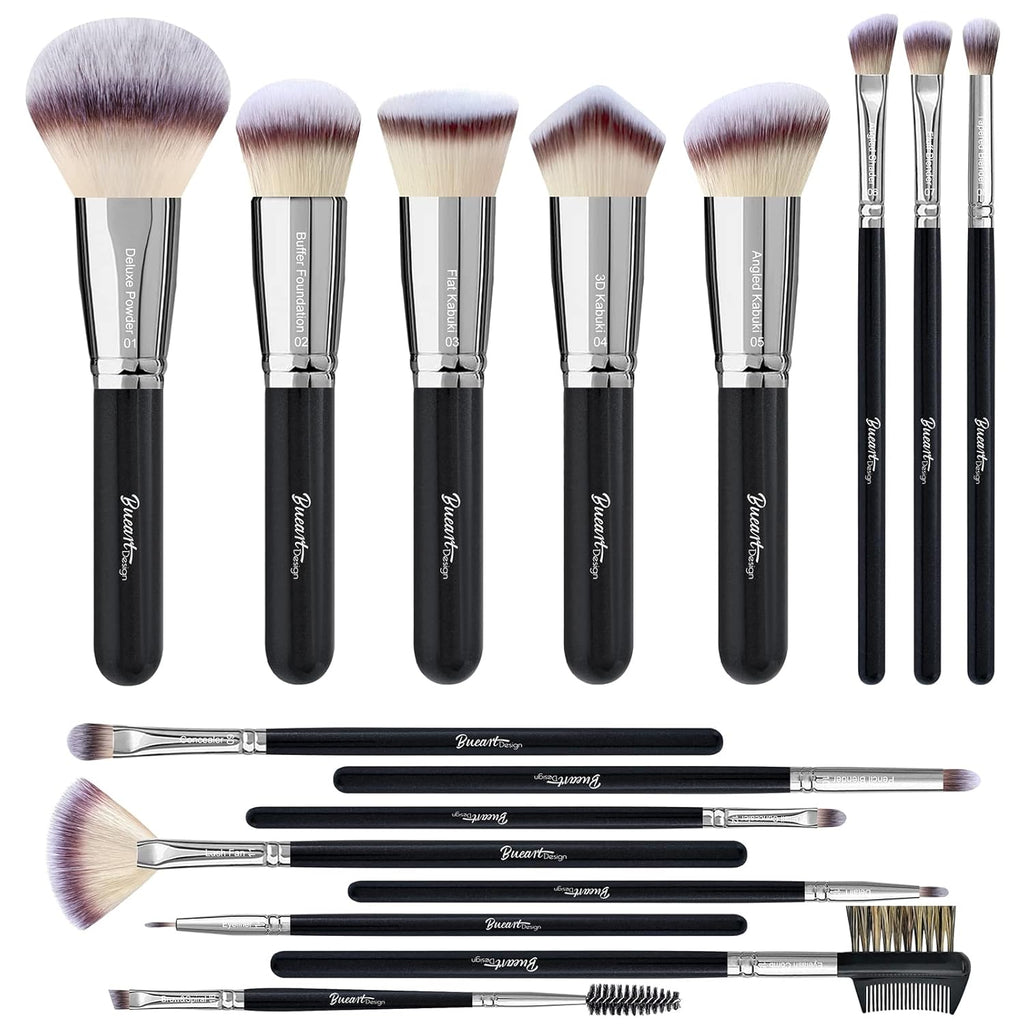 16Pcs Ultra Soft Essential Makeup Brushes Set Professional Makeup Brush Set with Premium Vegan Hair for Foundation Concealer Eyeshadow Face Contour Blush (16Pcs Pearl Black) - GlowHaze Beauty