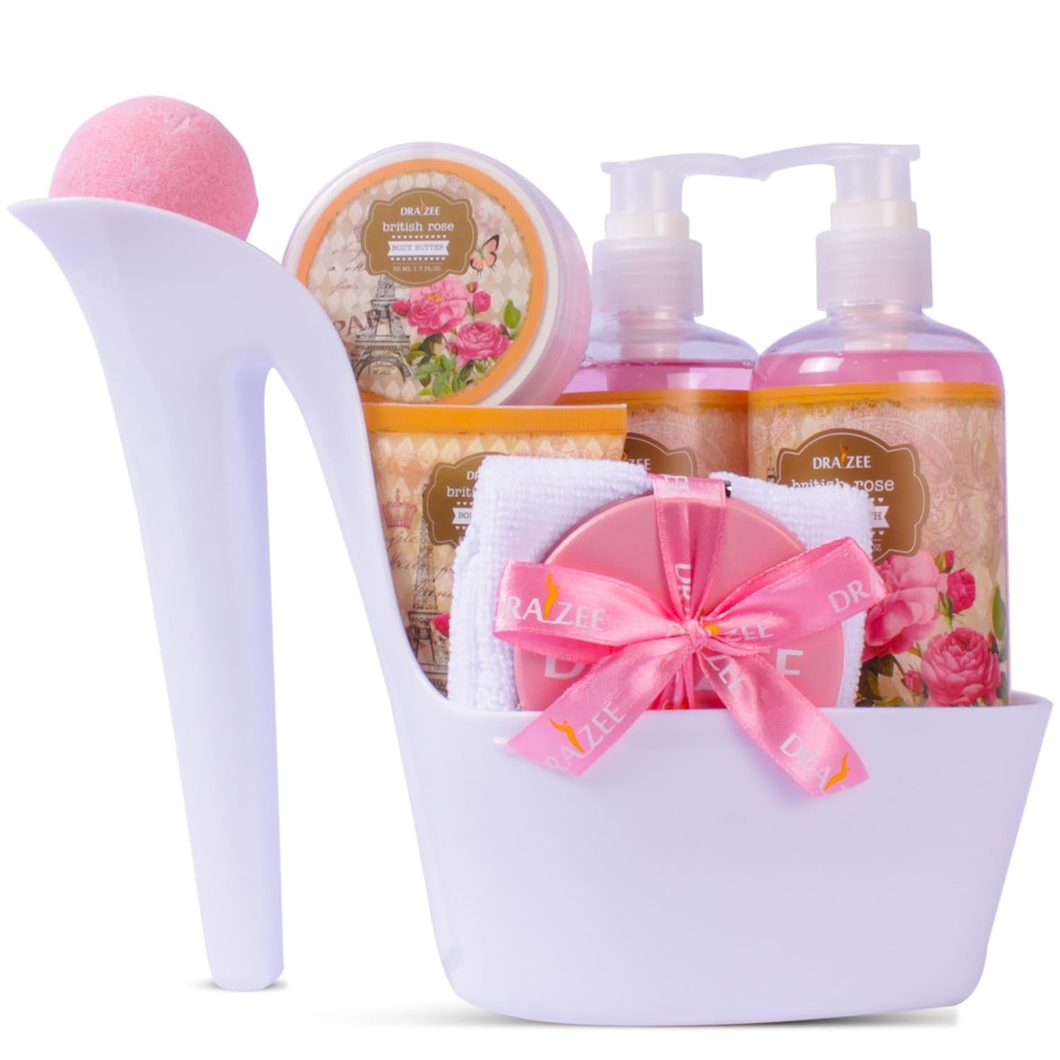 Bath and Body Gift Set - 8 Pcs Luxury Rose Scented Heel Shoe Spa Gift Set for Women - Shower Gel, Bubble Bath, Body Butter, Body Lotion & More - Christmas Gifts for Women, Gift for Mom - GlowHaze Beauty