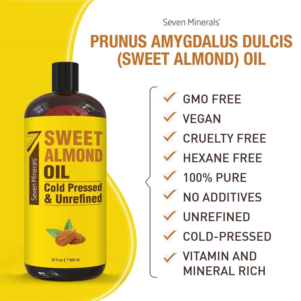 , Pure Cold Pressed Sweet Almond Oil - Big 32 Fl Oz Bottle - Unrefined &100% Natural - for Skin & Hair, with No Added Ingredients - Perfect Carrier Oil for Essential Oils - GlowHaze Beauty