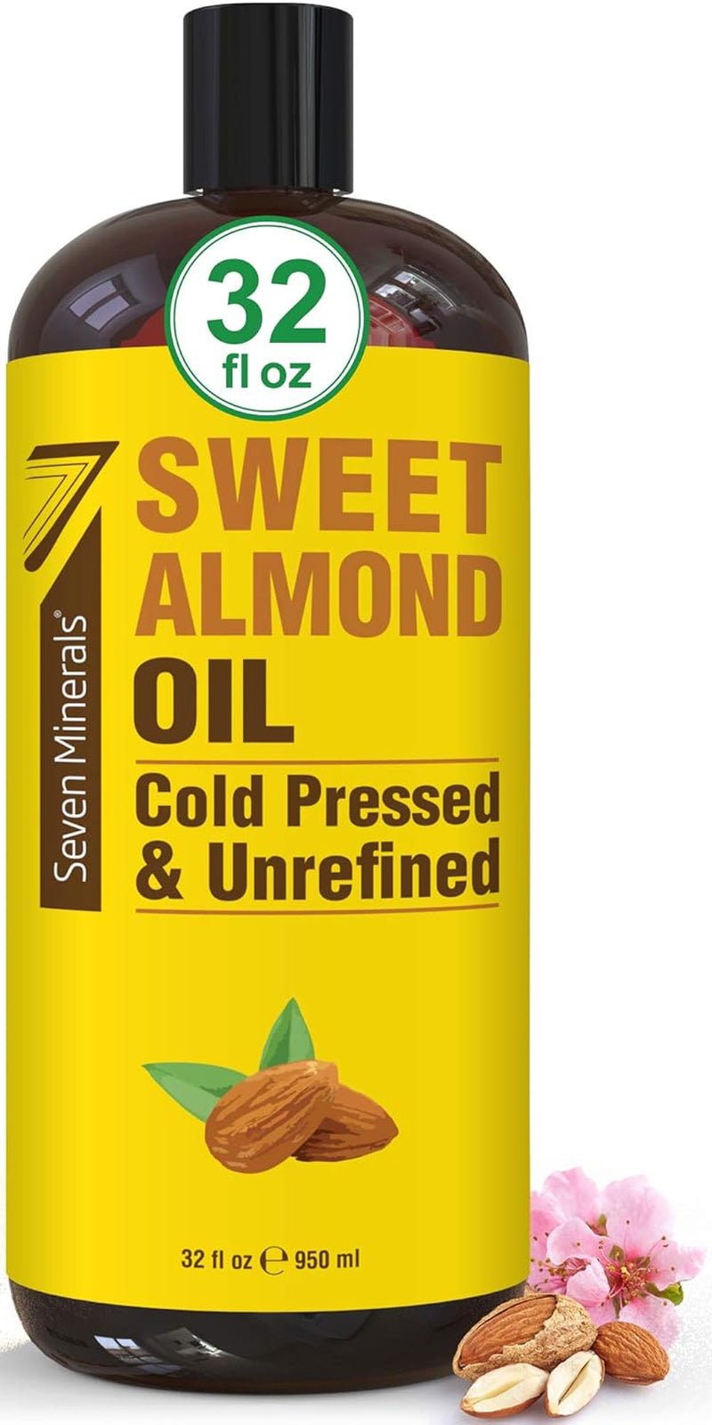 , Pure Cold Pressed Sweet Almond Oil - Big 32 Fl Oz Bottle - Unrefined &100% Natural - for Skin & Hair, with No Added Ingredients - Perfect Carrier Oil for Essential Oils - GlowHaze Beauty