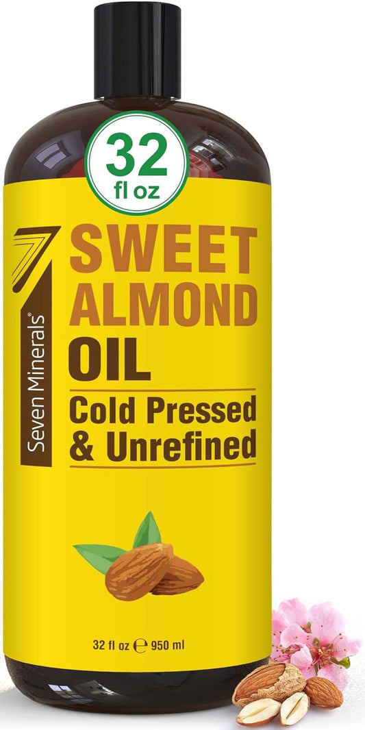 , Pure Cold Pressed Sweet Almond Oil - Big 32 Fl Oz Bottle - Unrefined &100% Natural - for Skin & Hair, with No Added Ingredients - Perfect Carrier Oil for Essential Oils - GlowHaze Beauty
