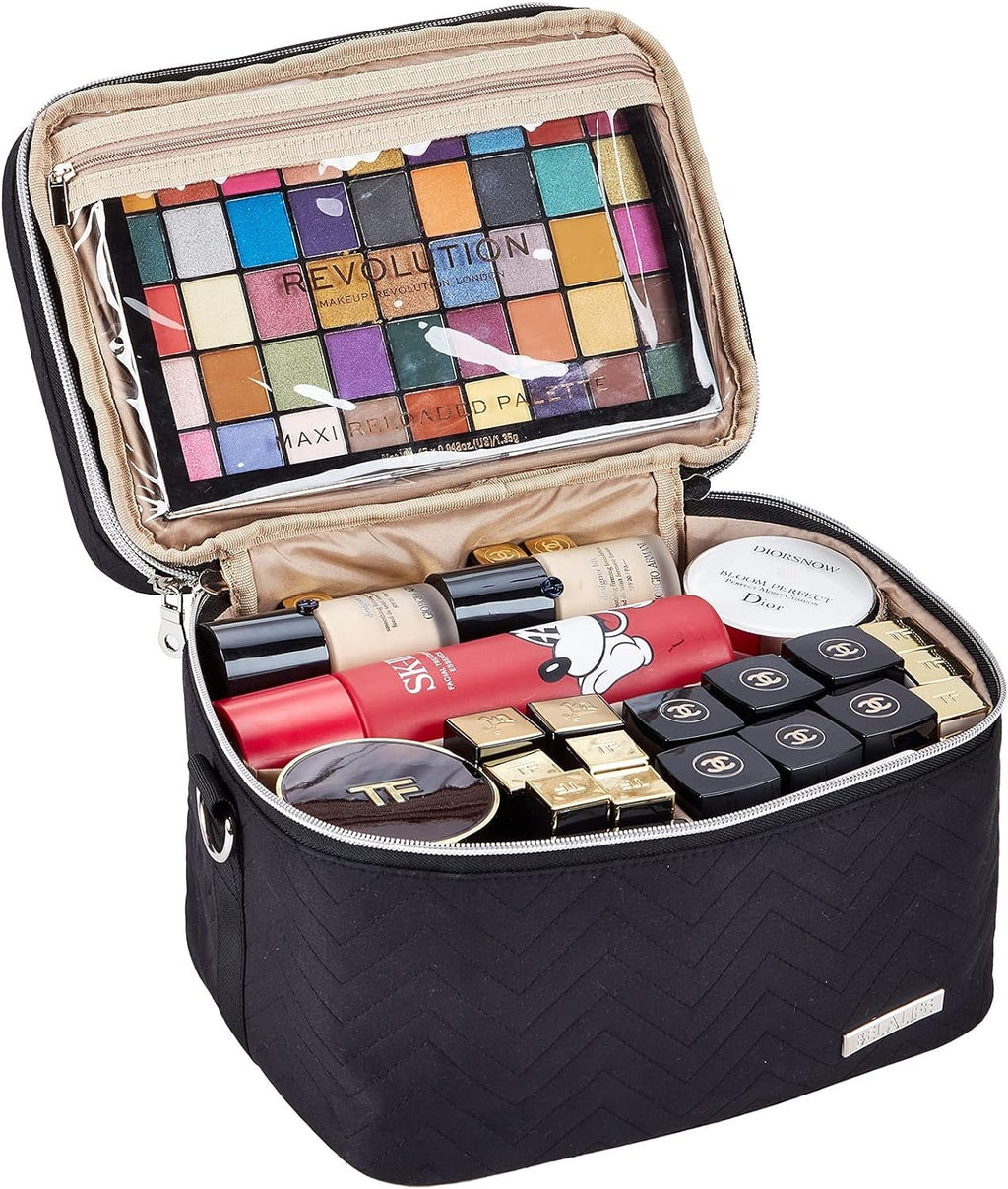 Double Layer Makeup Bag for Travel, Portable Cosmetic Organizer for Brushes Sets, Large Toiletry Holder with Straps, Black - GlowHaze Beauty