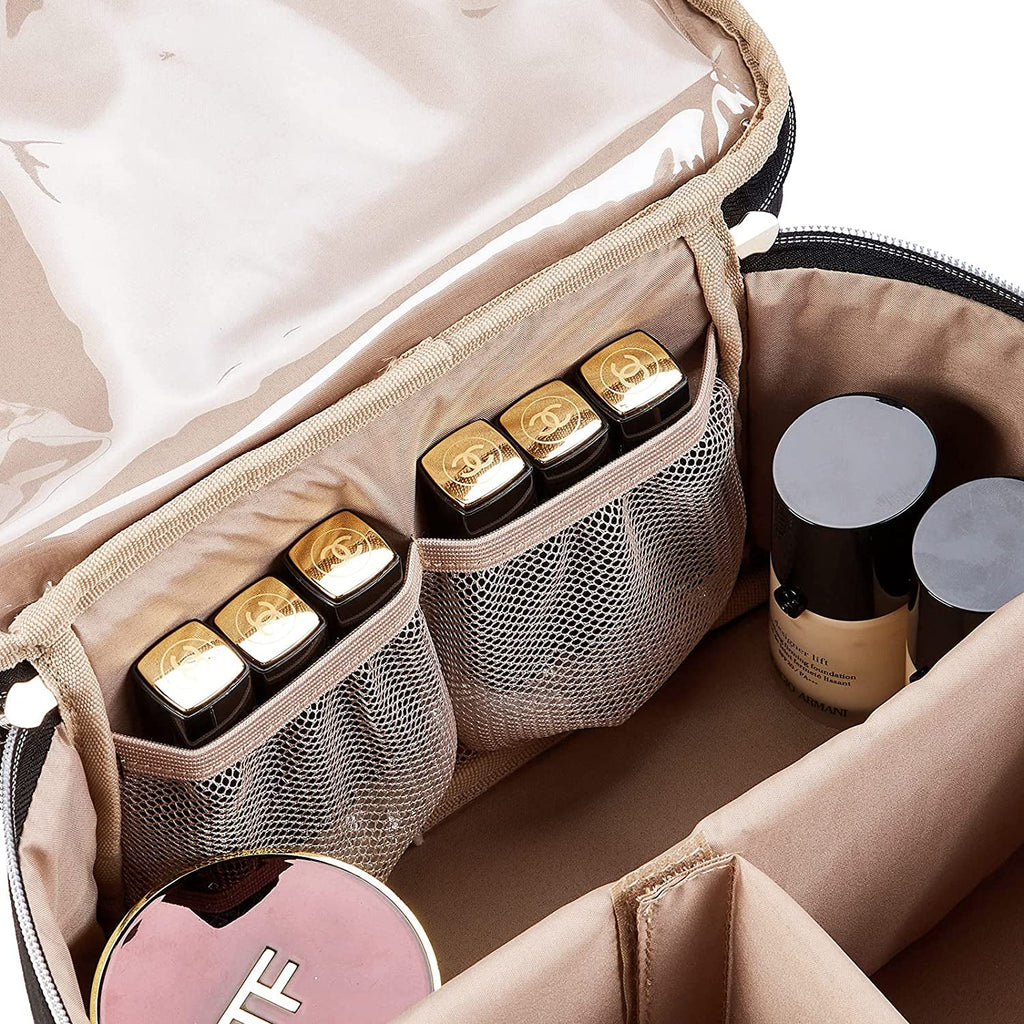 Double Layer Makeup Bag for Travel, Portable Cosmetic Organizer for Brushes Sets, Large Toiletry Holder with Straps, Black - GlowHaze Beauty