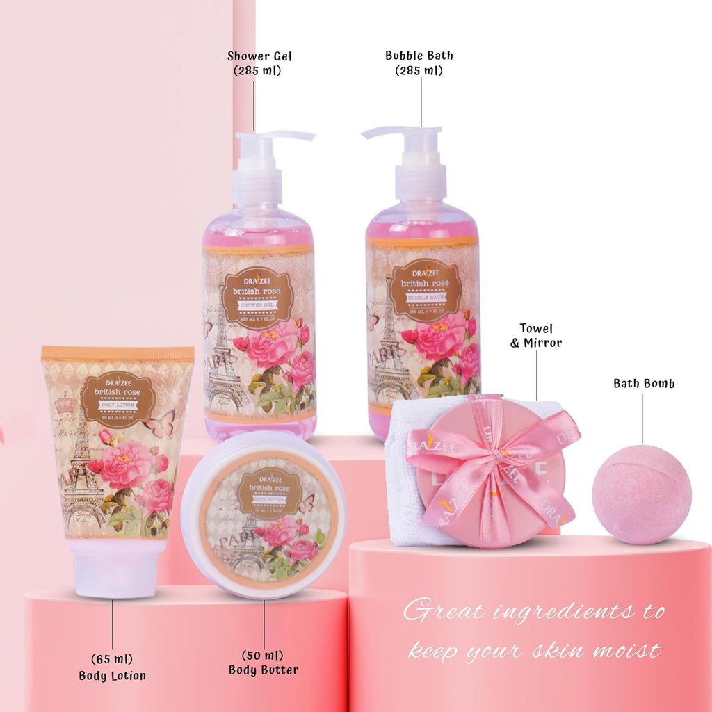 Bath and Body Gift Set - 8 Pcs Luxury Rose Scented Heel Shoe Spa Gift Set for Women - Shower Gel, Bubble Bath, Body Butter, Body Lotion & More - Christmas Gifts for Women, Gift for Mom - GlowHaze Beauty